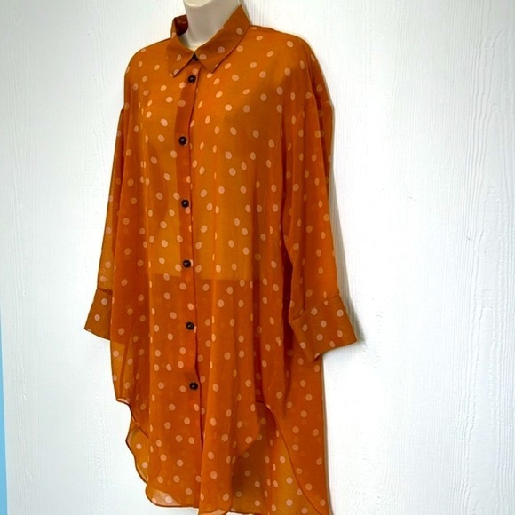 Zara - Polkadot Cream And Orange Button Down Long Chiffon Top Size Medium - Picture 9 of 13